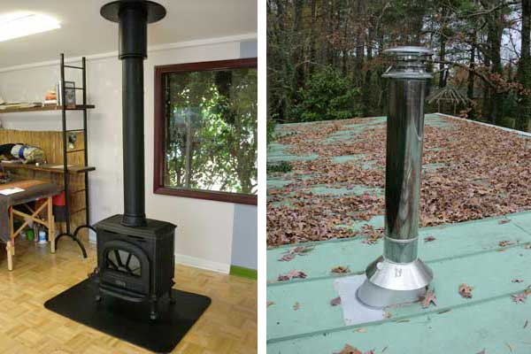Freestanding wood stove with large window in background 2nd picture of roof with stainless steel chimney