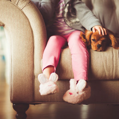 Little girl with spaniel puppy sitting in a chair with bunny house shoes on.  Keep your family safe.